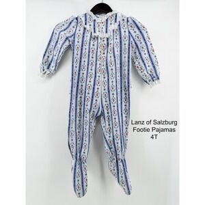 Lanz of Salzburg Footie Pajamas 4T Blue White Floral Hearts Ruffle Collar